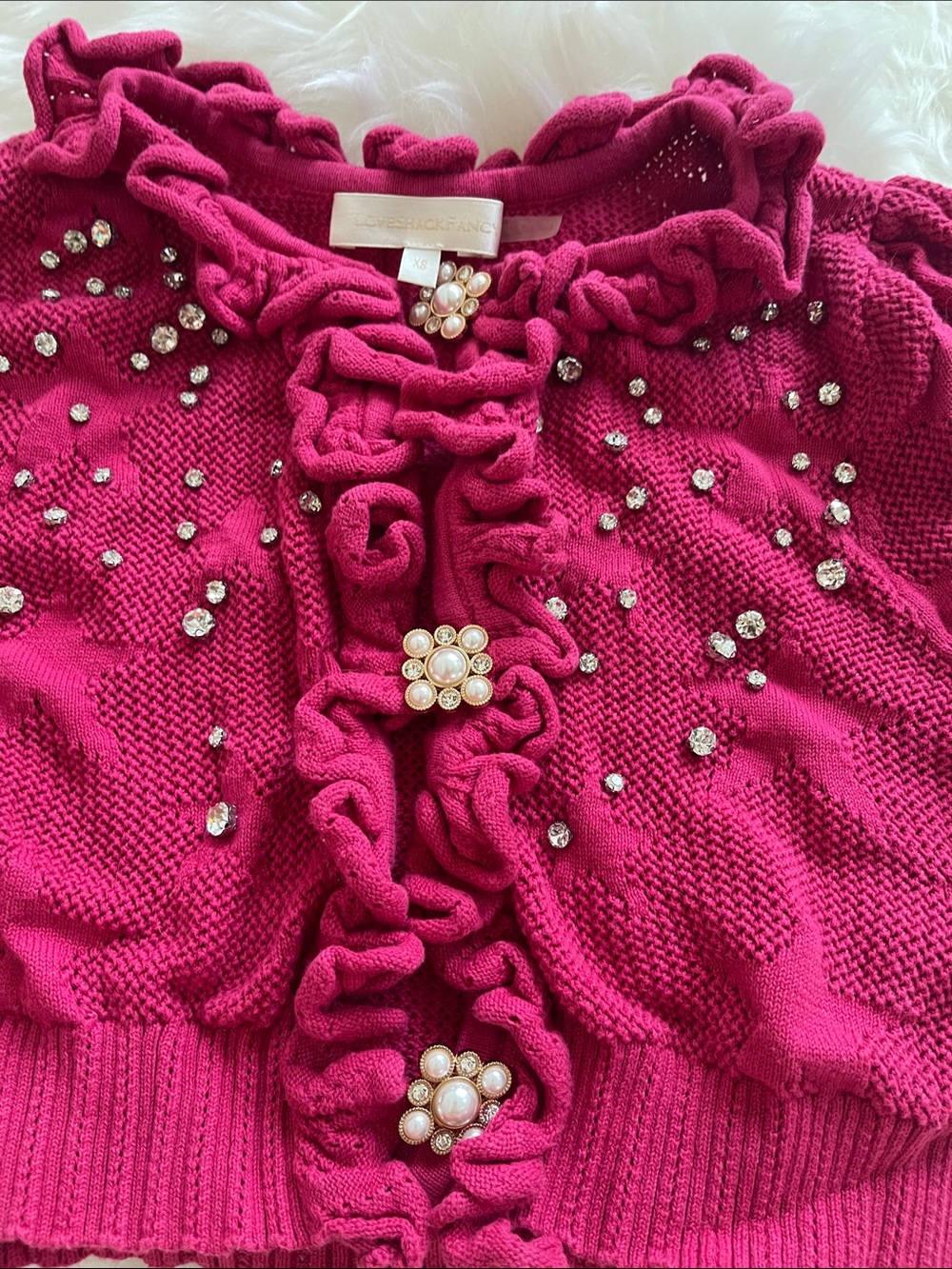 LoveShackFancy Magenta Embellished Ruffle Short Cardigan - Picture 6 of 8